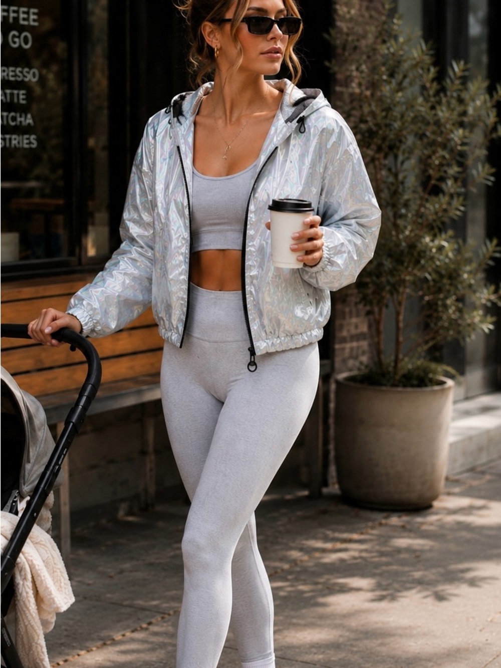 Jou Jou Iridescent White Holographic Jacket with Black Trim Medium